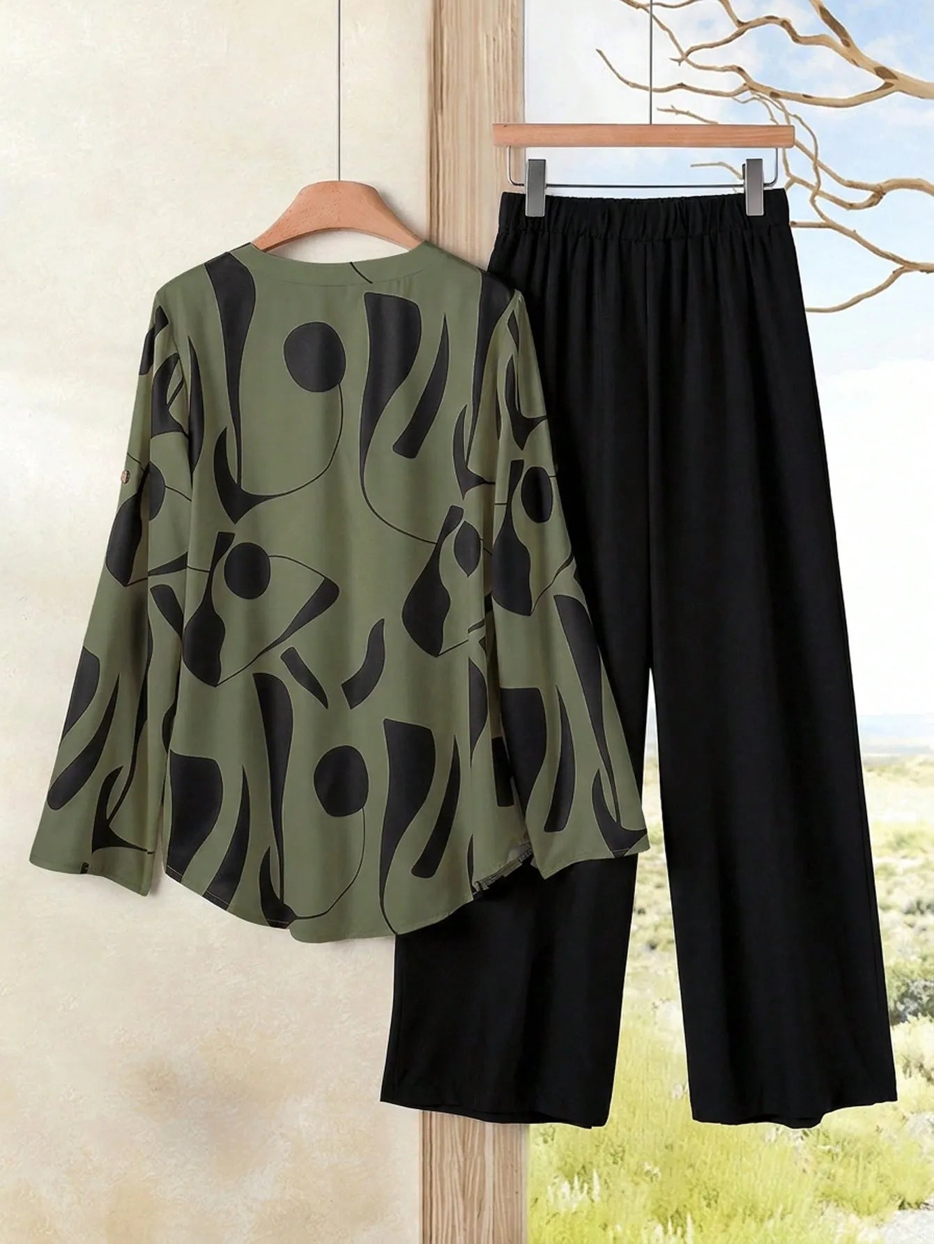 2pcs Women Contrast Color Print Shirt And Pants Set Old Money Style Business Casual Woman Blouse Sets For Ladies Two Piece