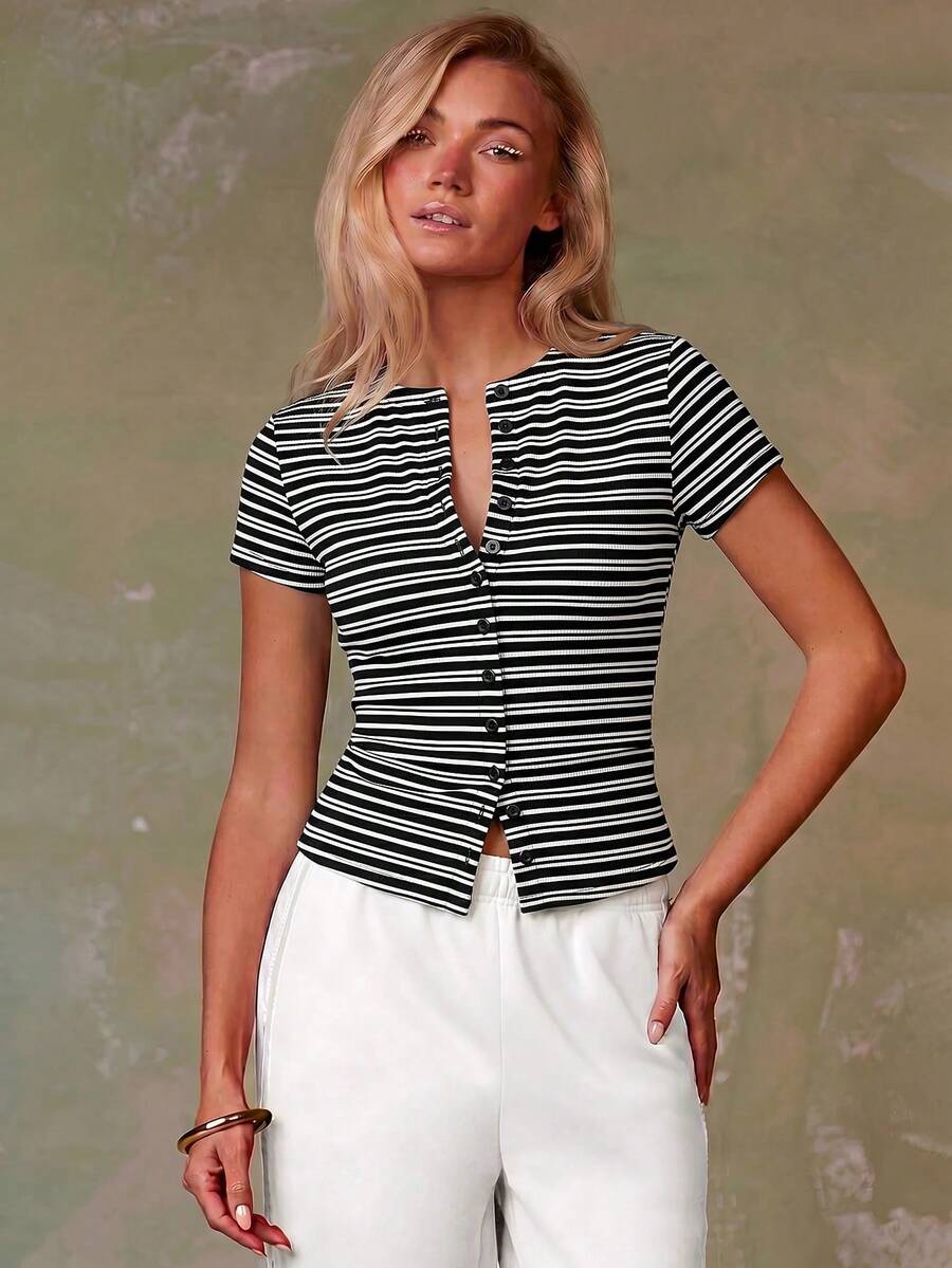 Women's Casual Red Single-Breasted Short Sleeve Fitted Top,Red Top,Christmas, Cute Vacation,Resort Wear,Summer Holiday,Spring,Spring Break,Beach