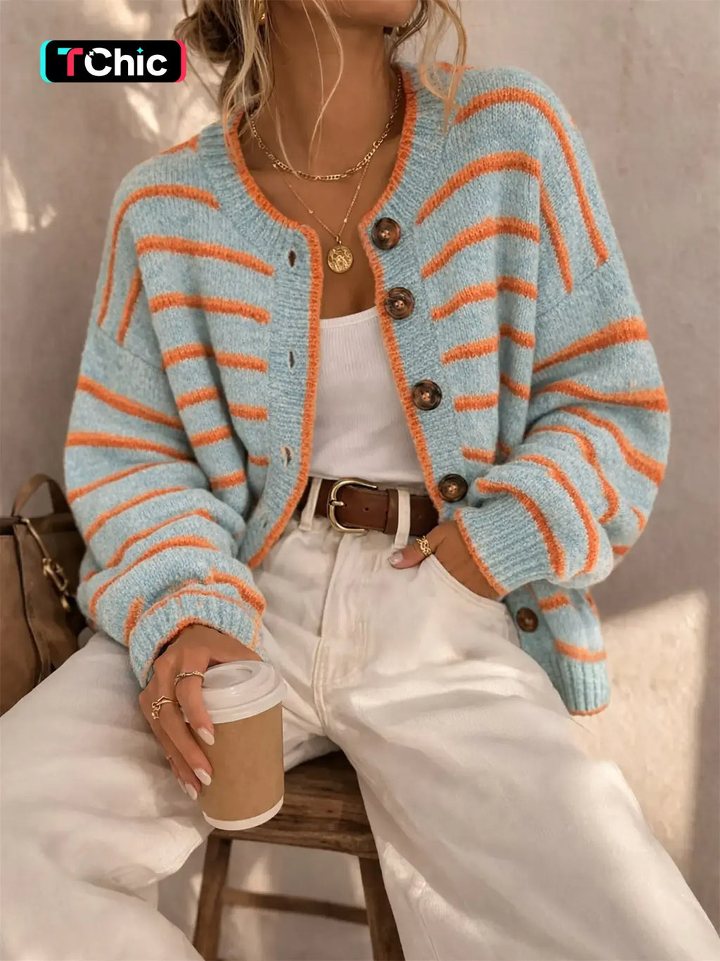 Women's Round Neck Drop Shoulder Single-Breasted Contrast Stripe Long Sleeve Fall/Winter Casual Fashion Loose Versatile Knit Cardigan – Urban Commute, Retro Street Sweater Wear