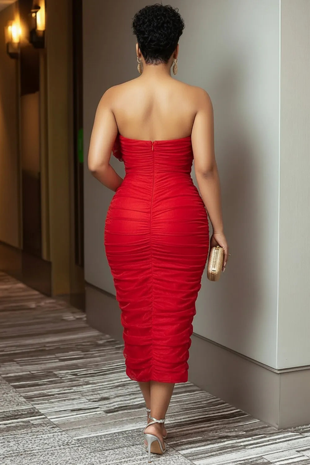 Strapless 3D Flower Ruched Cinch Waist Slim Fit Maxi Dresses-Red