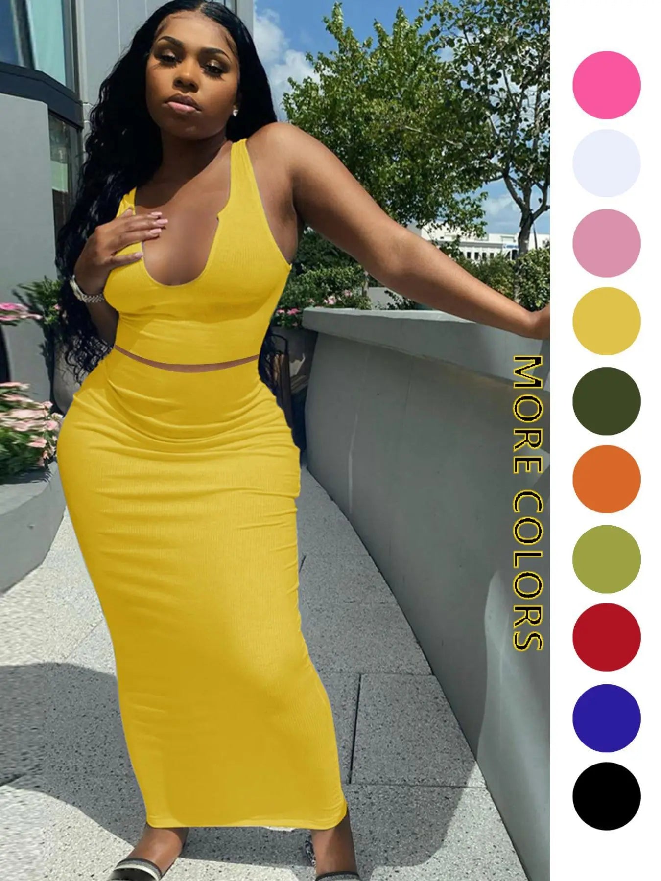 Two-piece Set Women's Solid Notched Neck Crop Tank Top & High Waist Bodycon Skirt Set, Casual Slim Sleeveless Top & Long Skirt, Ladies Summer Clothes for Daily Wear, Outfit Sets Women, Summer Outfits Set