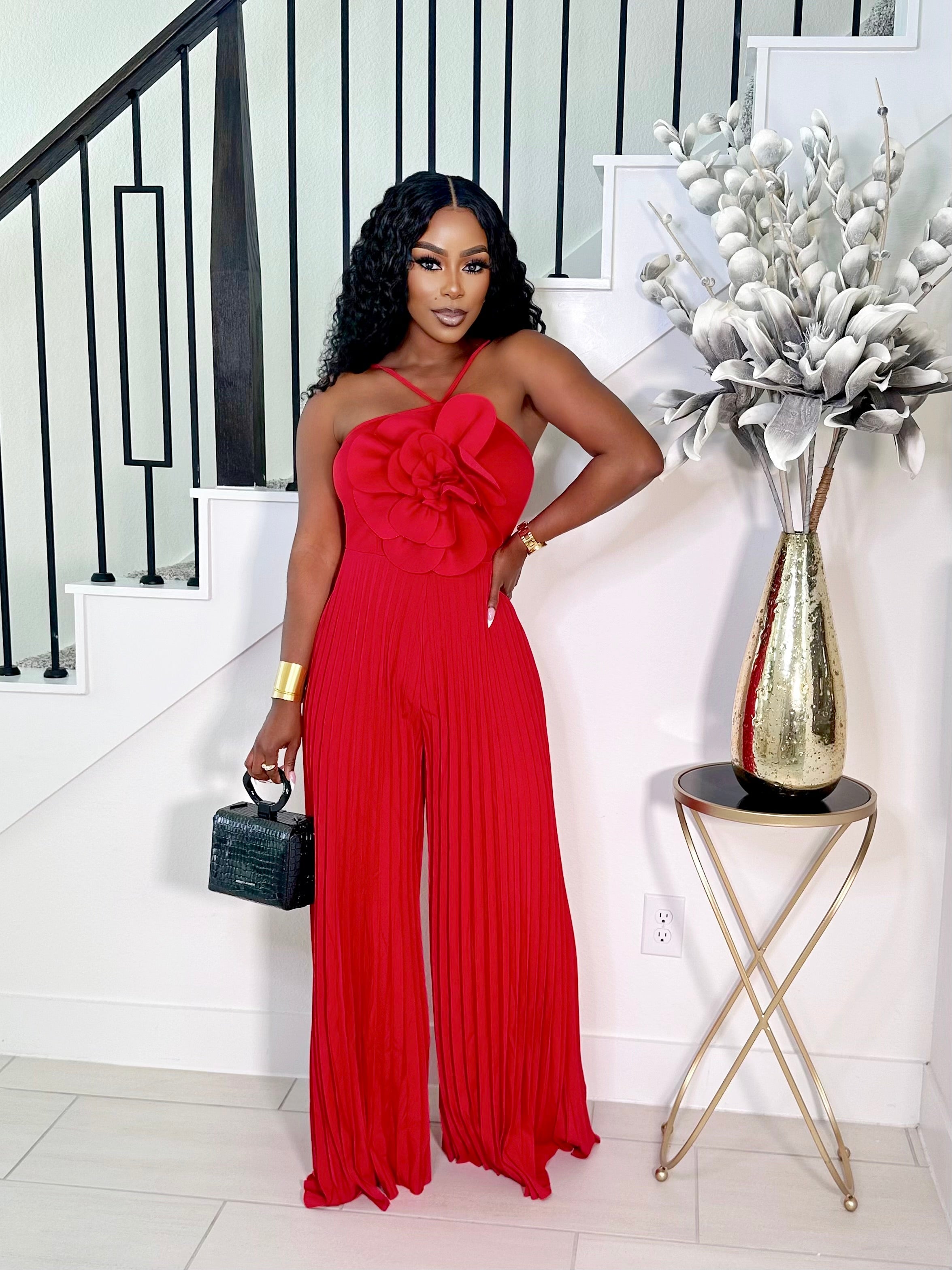 FEELS GOOD 3D FLOWER PLEATED JUMPSUIT (RED)