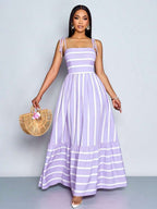 Women's Blue And White Stripe Flowing Maxi Dress,Summer Elegant Holiday Tea Party Holiday,Shoulder Straps Chest Gathering,Beach Casual Gown
