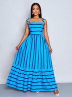 Women's Blue And White Stripe Flowing Maxi Dress,Summer Elegant Holiday Tea Party Holiday,Shoulder Straps Chest Gathering,Beach Casual Gown