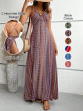 Women's Printed Split Long Sleeveless Dress, Classic Stripe Design, Backless Criss Cross Strap, Spring Summer Fall Wear, Casual Boho Elegant Bohemian Style Womenswear