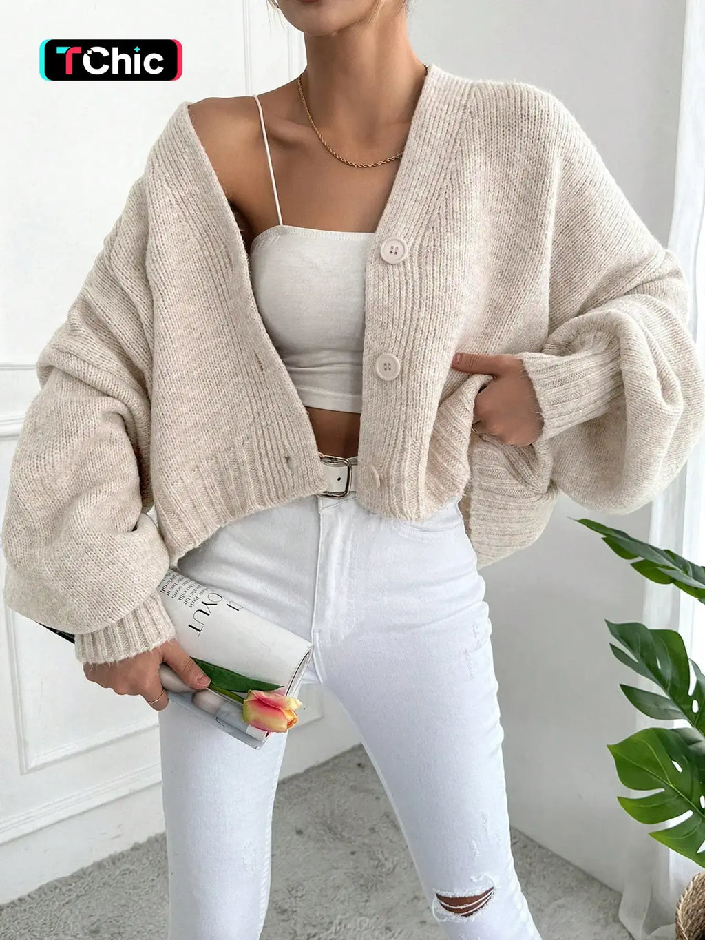 Women's V Neck Lantern Sleeve Sweater, Casual Baggy Loose-Fit Knitted Cardigan, Fall & Winter Fashion, Plain Color, One Button Design, Knitwear, Long Sleeve Tops