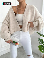 Women's V Neck Lantern Sleeve Sweater, Casual Baggy Loose-Fit Knitted Cardigan, Fall & Winter Fashion, Plain Color, One Button Design, Knitwear, Long Sleeve Tops