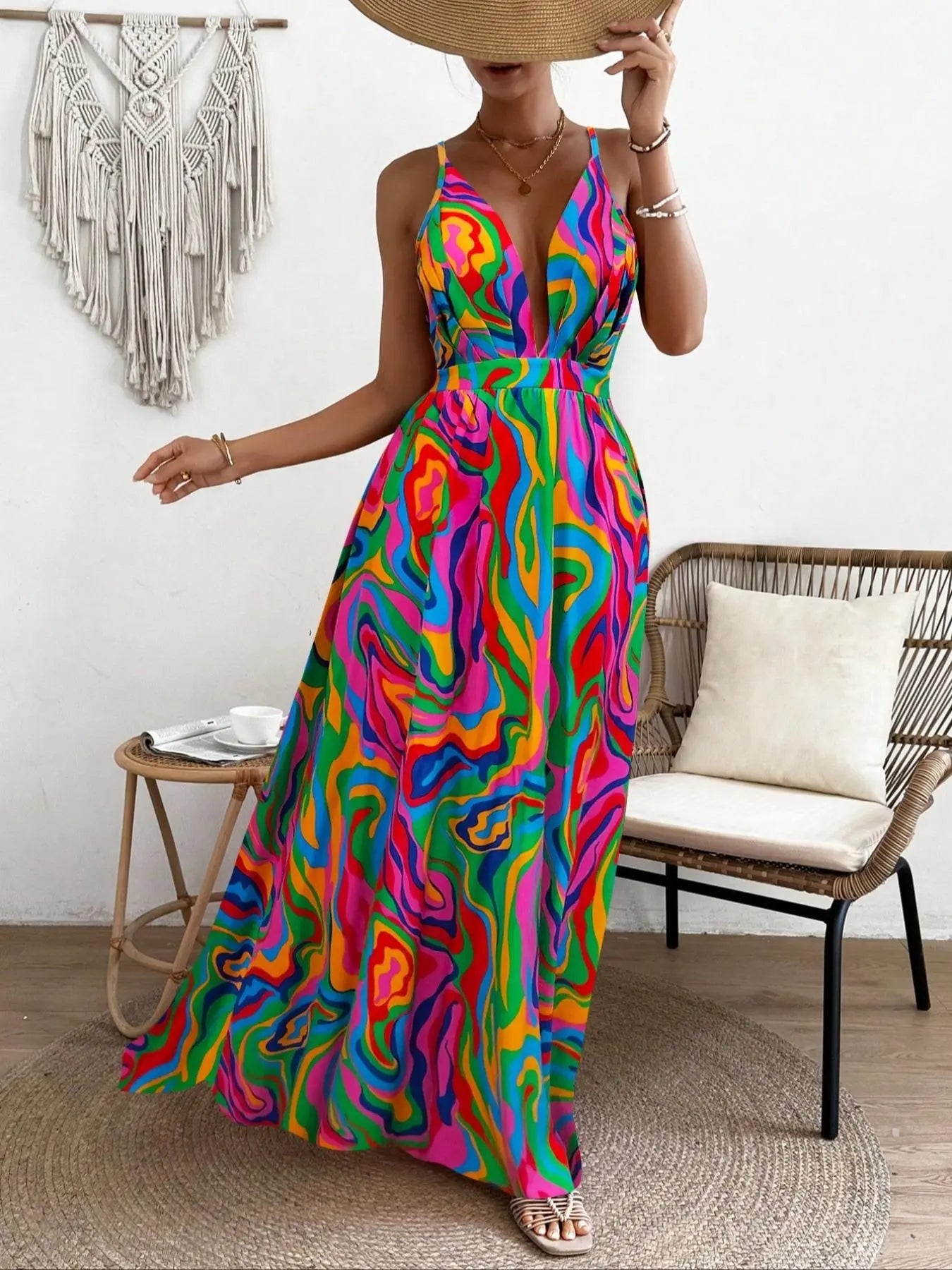 Women's All Over Print Deep V Neck Sleeveless Backless Cami Maxi Dress, Beachwear Dress, Elegant Adjustable Strap Criss Cross A Line Dress for Beach Holiday Vacation, Ladies Summer Clothes