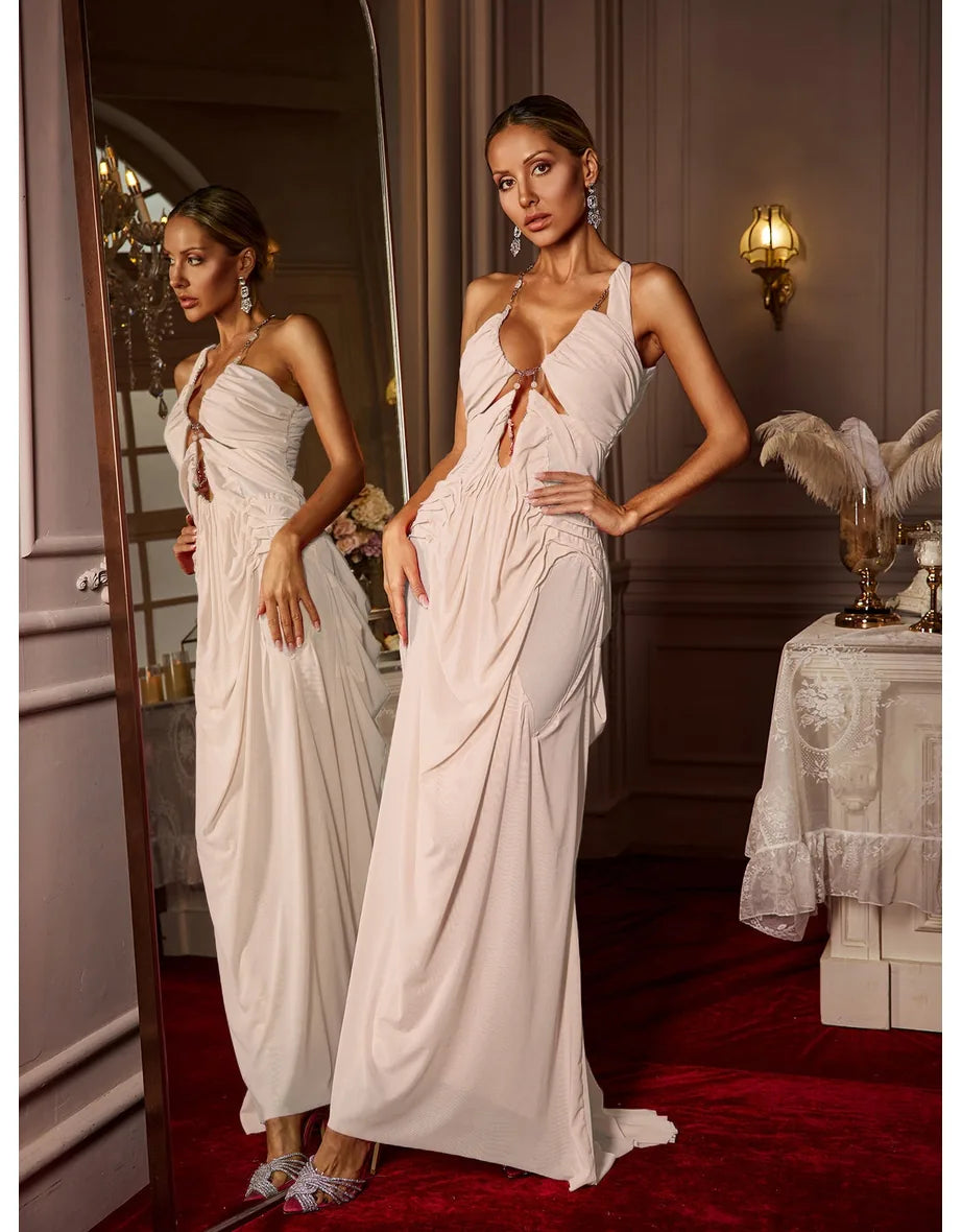 Daiki Halterneck Ruched Maxi Dress In Champagne