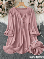 Lune Plus Size V Neck Shirt Blouse with Pockets, Casual Roll-Up Sleeve Design, Comfortable Daily Wear Top for Women