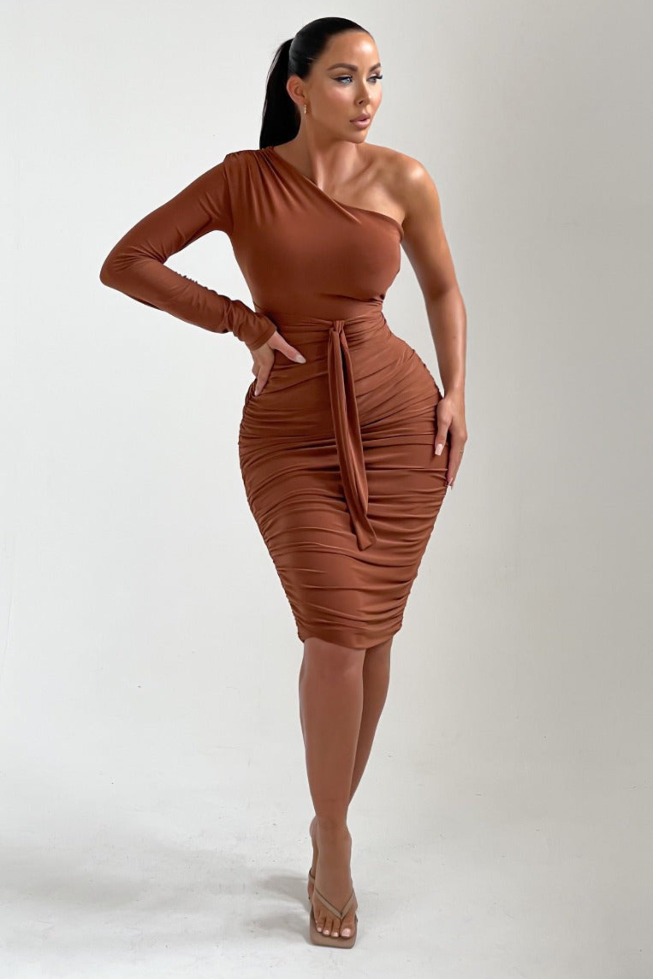 One Shoulder Ruched Slinky Midi Dress