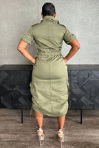 Stand Collar Zipper Drawstring Waist Pocket Midi Dresses-Green