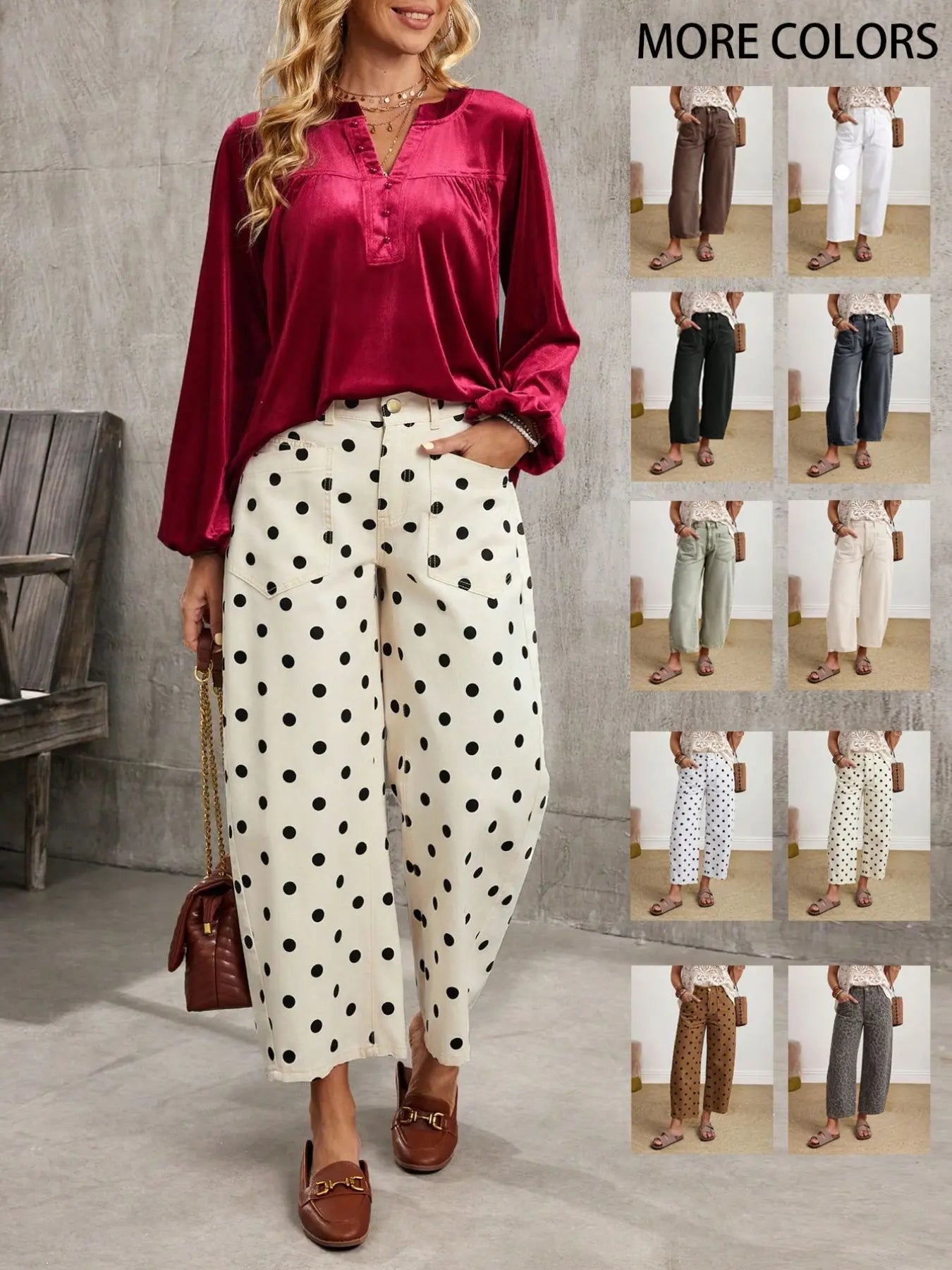 Coffee Color Patch Pocket Lantern Jeans, Casual Comfy Jeans, High Waist Loose Fit Retro Vacation Style Casual Pants