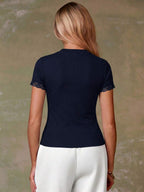 Women's Casual Red Single-Breasted Short Sleeve Fitted Top,Red Top,Christmas, Cute Vacation,Resort Wear,Summer Holiday,Spring,Spring Break,Beach