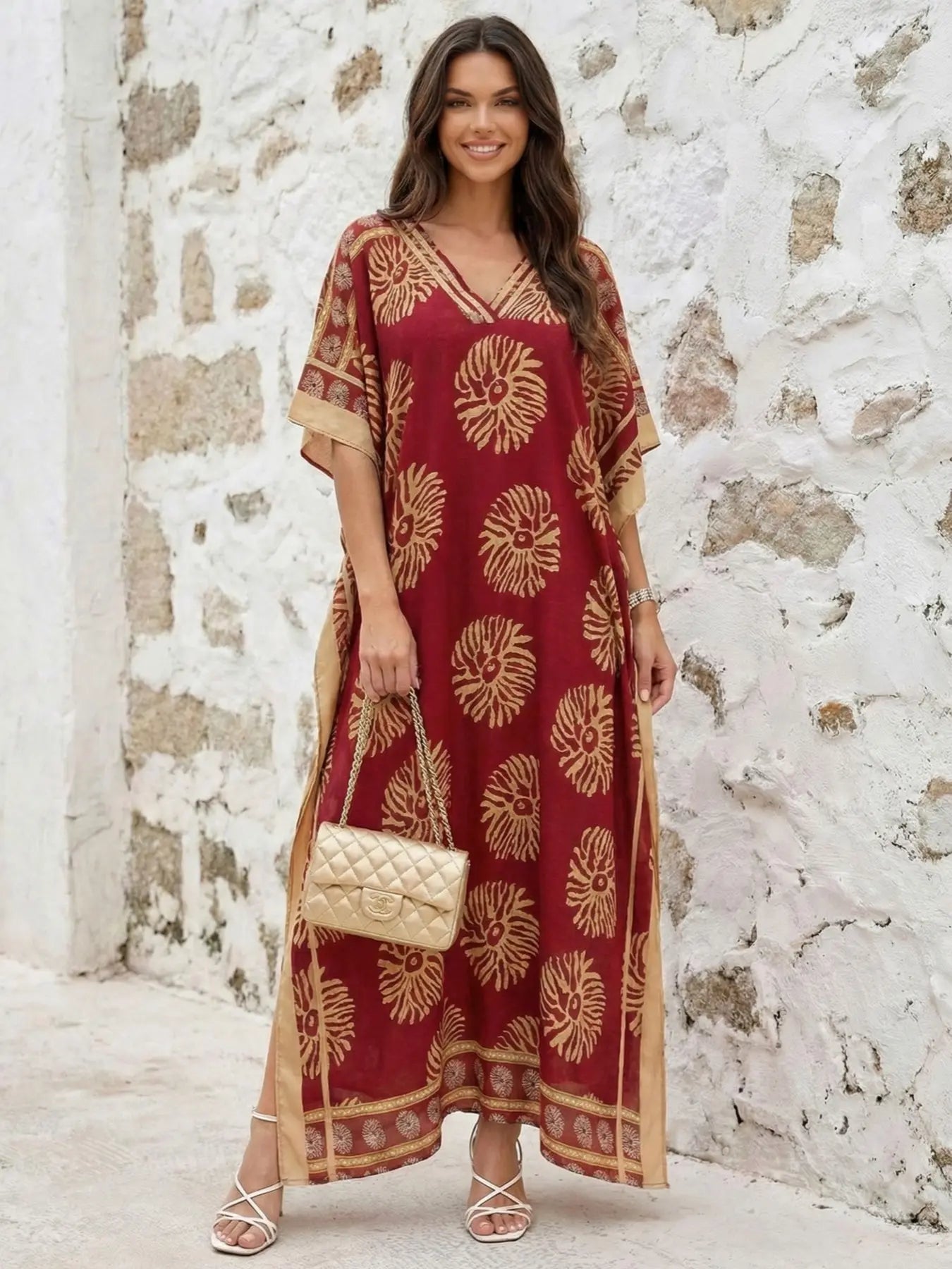 EDOLYNSA Leopard kaftans for woman caftan beach printing Moo Moo Dress casual cover up Bohemian daily wear Soft Homewear vacation party long dress lounge wear Q1615