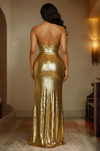 Sequined Strapless Ruched Fitted High Slit Gowns Maxi Dresses-Gold