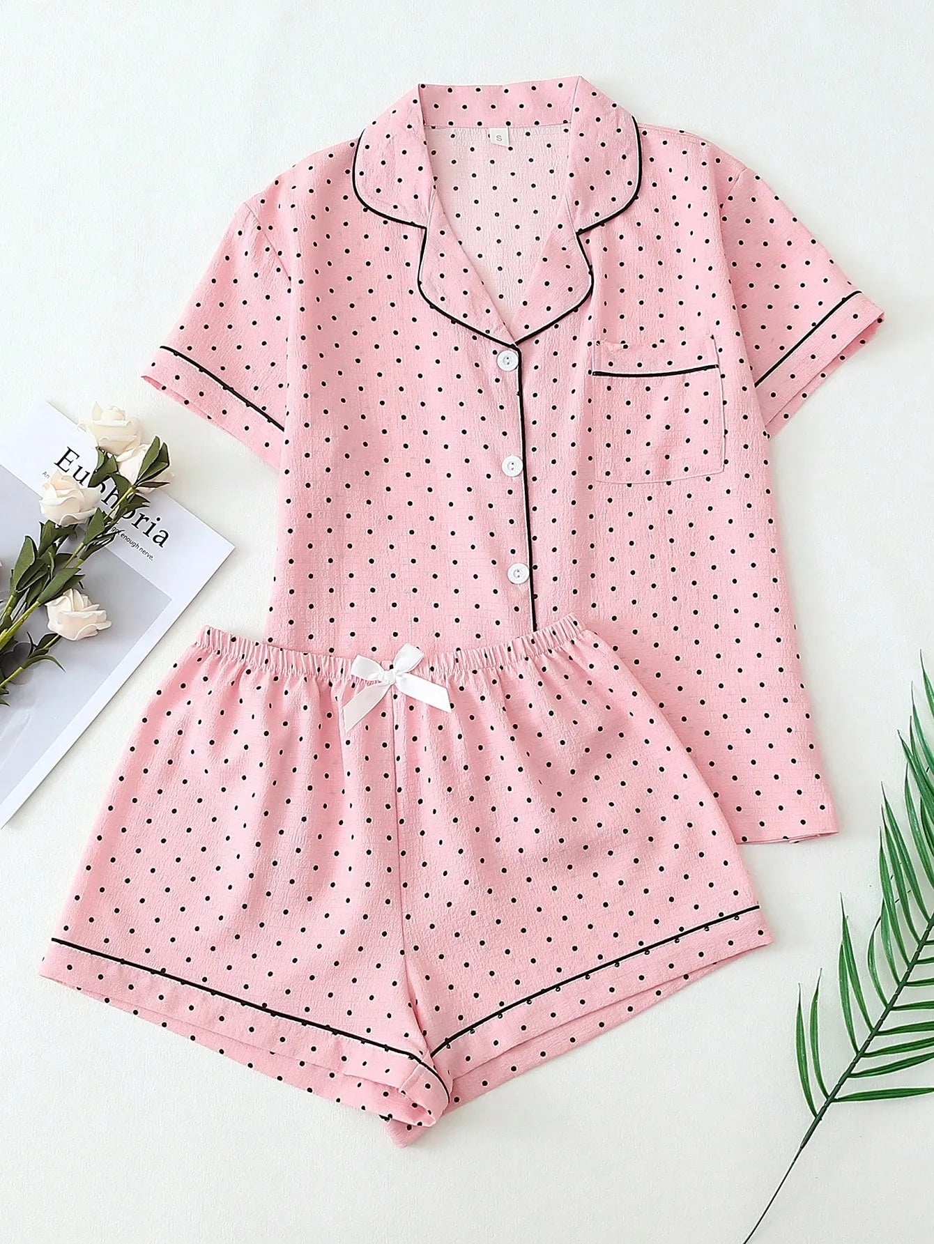 2pcs/Set Women's Mini Polka Dot Printed Pajama Set With Contrast Trim Button-Down Shirt And Bowknot Shorts, Perfect For Home Wear In Summer White Set,Two Pieces Set