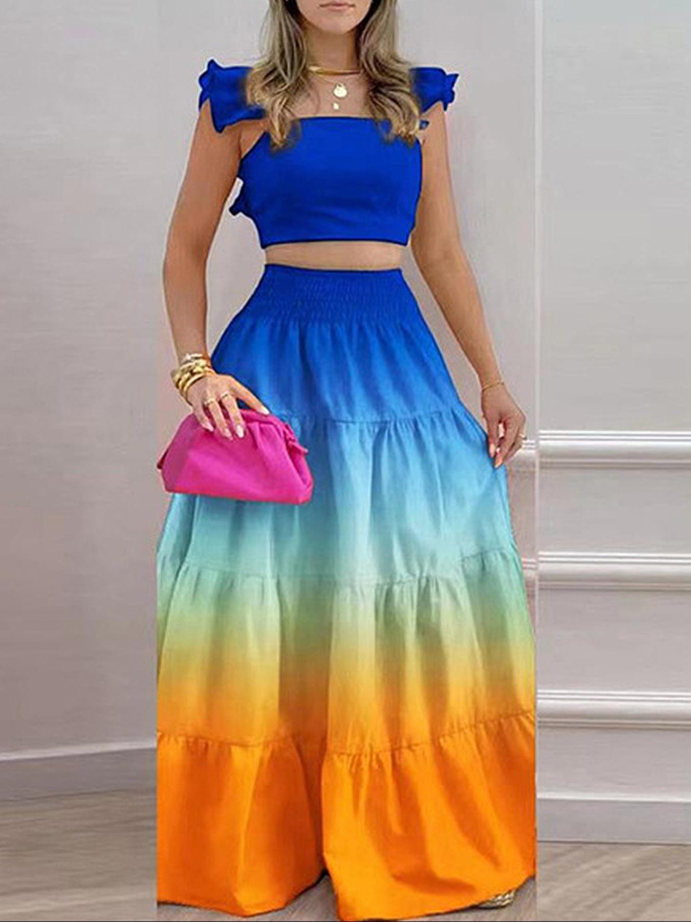 Women's Solid Color / Floral Print Shirred Top & Long Skirt Two-piece Set, Boho Fashion Casual Top & Skirt for Daily Holiday Vacation Wear, Ladies for Summer