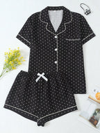 2pcs/Set Women's Mini Polka Dot Printed Pajama Set With Contrast Trim Button-Down Shirt And Bowknot Shorts, Perfect For Home Wear In Summer White Set,Two Pieces Set