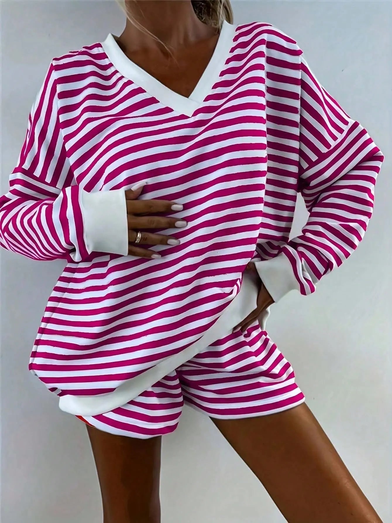 2pcs Women's Classic Striped Pajama Set, Long-Sleeved Pajama Shorts Set, V-Neck Design, Multiple Colors, Stylish, Casual, And Comfortable Pajama Set