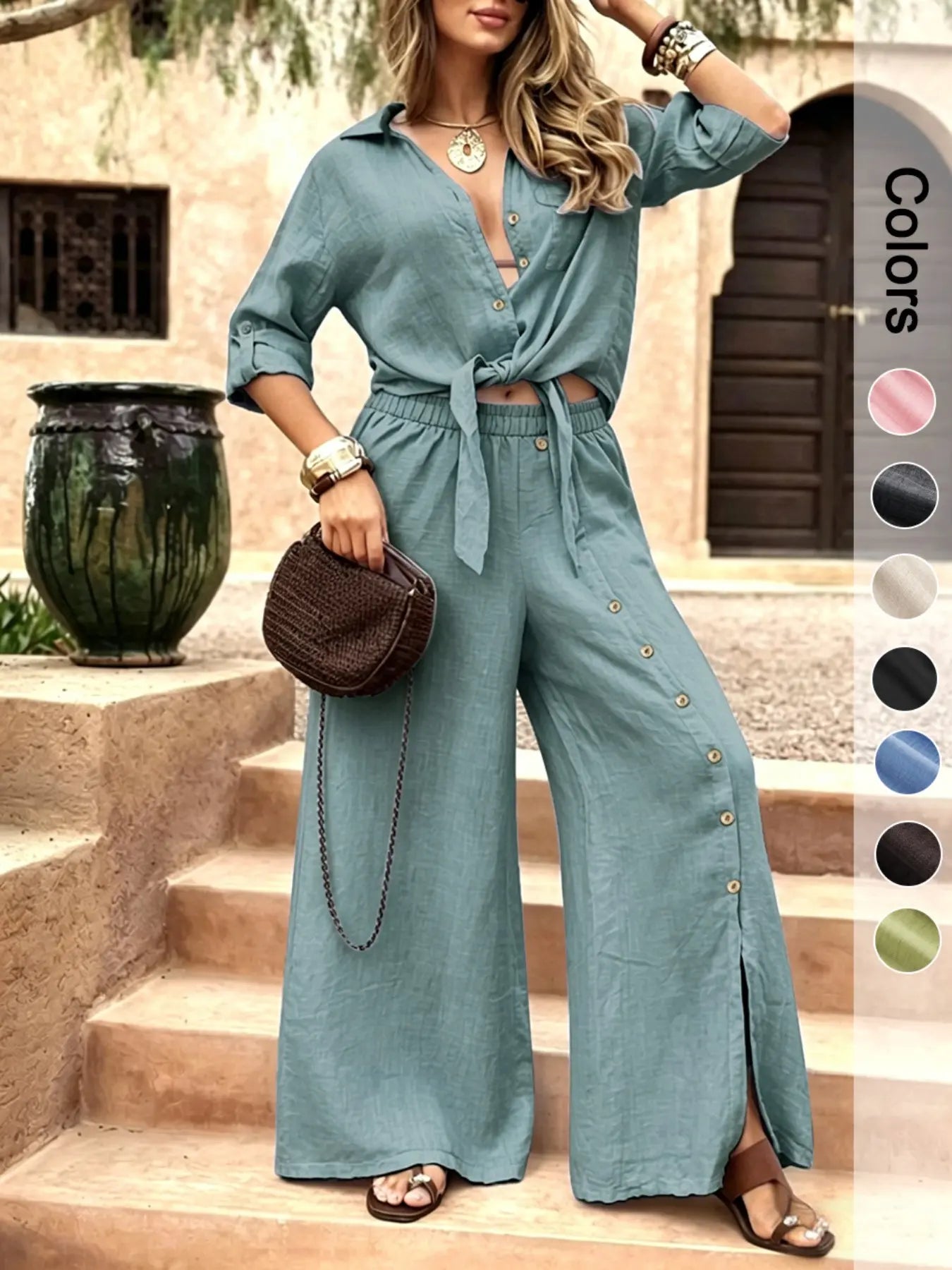Women's Two-Piece Vacation Style Shirt and Pants Set, Tie-Down Hem Shirt with Fake Button Decoration, Wide Leg Pants Set, Loose