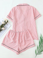 2pcs/Set Women's Mini Polka Dot Printed Pajama Set With Contrast Trim Button-Down Shirt And Bowknot Shorts, Perfect For Home Wear In Summer White Set,Two Pieces Set