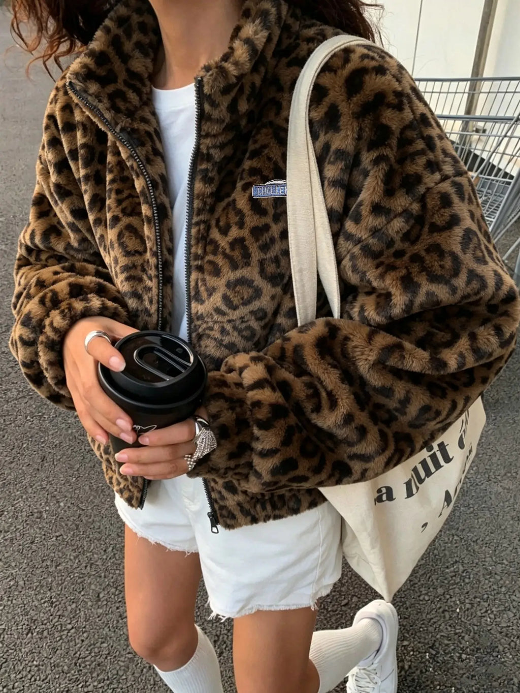 Thick Plush Leopard Print Fashion Retro Casual Long Sleeve Zipper Cardigan, High Neck Jacket, Unisex, Couples Wear, Winter Essential