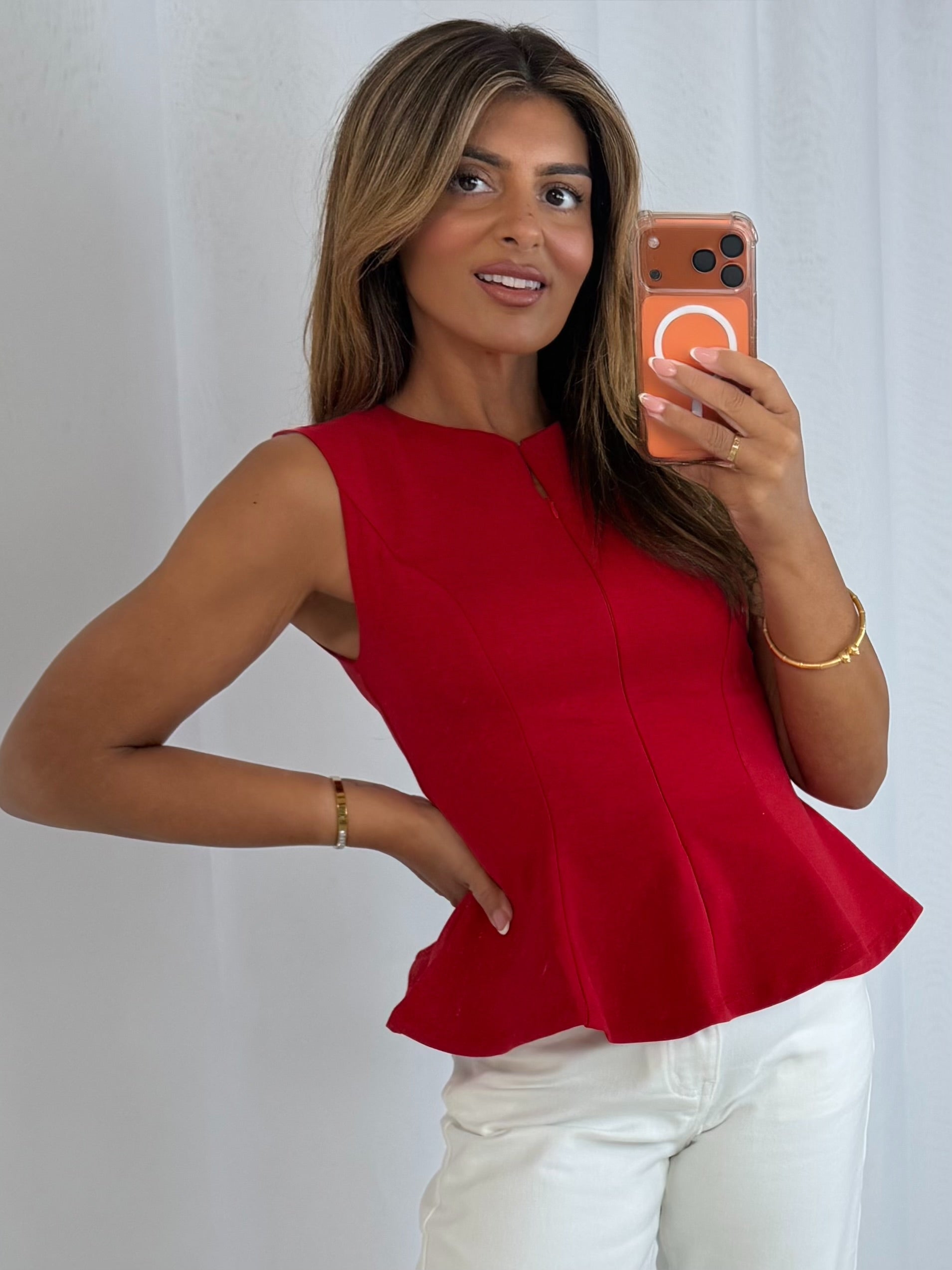 Red Peplum Front Zip Top
