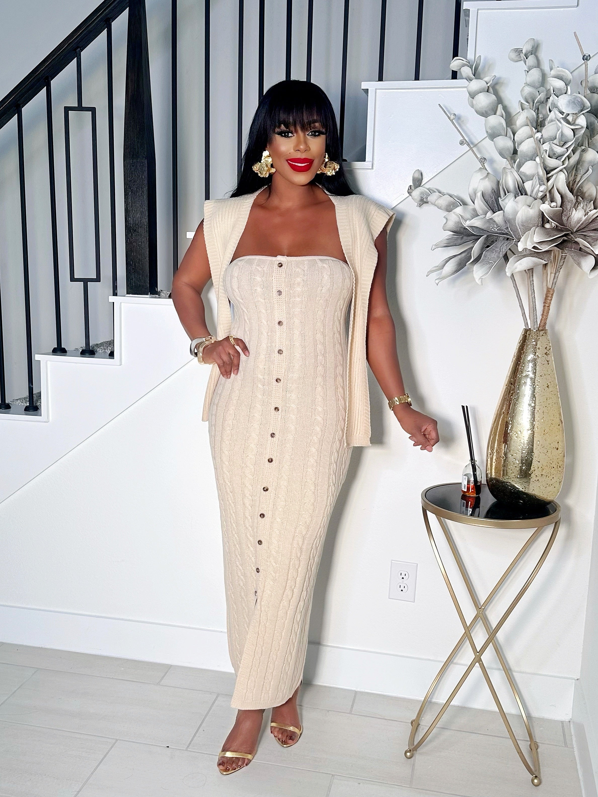 KYLIE 2 PIECE BUTTON DOWN KNIT DRESS (SAND)