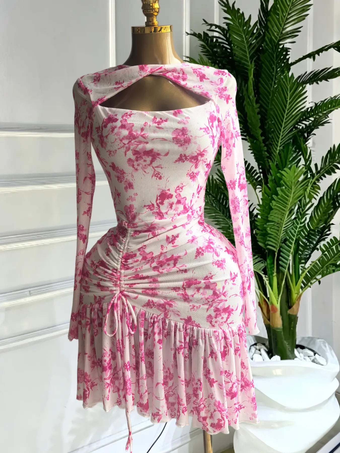 QFAF Women's Full Sleeve Floral Printed Ruched Bodycon Dress, Autumn Evening Party Vacation Sexy Gown, Elegance, Elegant and Stylish Cutout Front Irregular Midi A-line Dresses, Streetwear Dressy Holiday Beach Vacation Dresses, Ladies Elastic Dresses Cloth