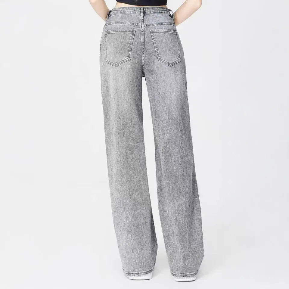 Women's Street Chic High Waist Multi-Pocket Baggy Denim Wide Leg Jeans, Versatile Streetwear Outfits, Asymmetric Waist Denim Trousers