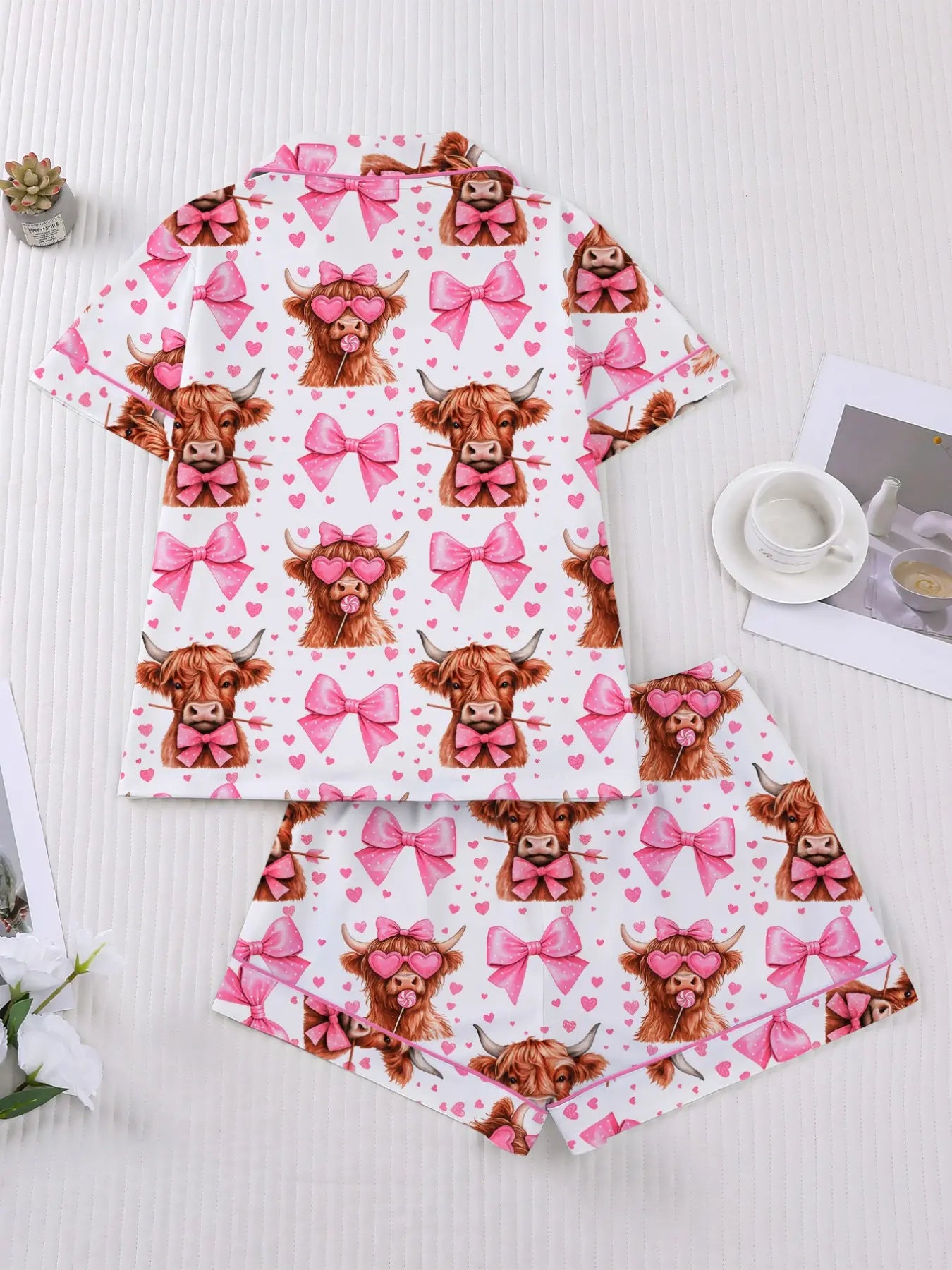Women's Sleepwear Set, Pajama Set, Pjs, Short Sleeve Button-Up Top & Elastic Shorts