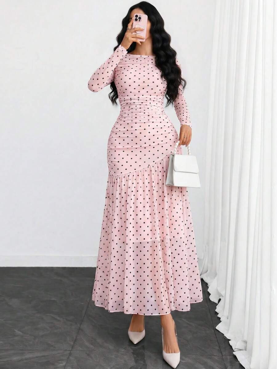 Women's Gothic Sexy Elegant Modern Contrast Stripe Asymmetrical Ruffle Waist Double-Layer Mesh Long Sleeve Dress, Suitable For Dates, Vacations And Daily Commute Spring