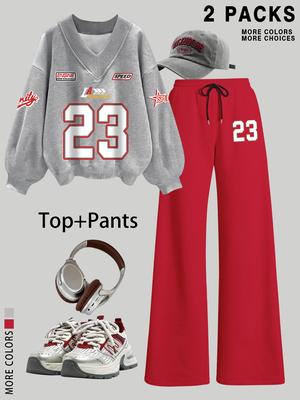 Women's V Neck Sweater Pants Set, Fashionable Digital Bowknot Print, Straight Leg Elastic Waist, Casual Long Sleeve Pullover