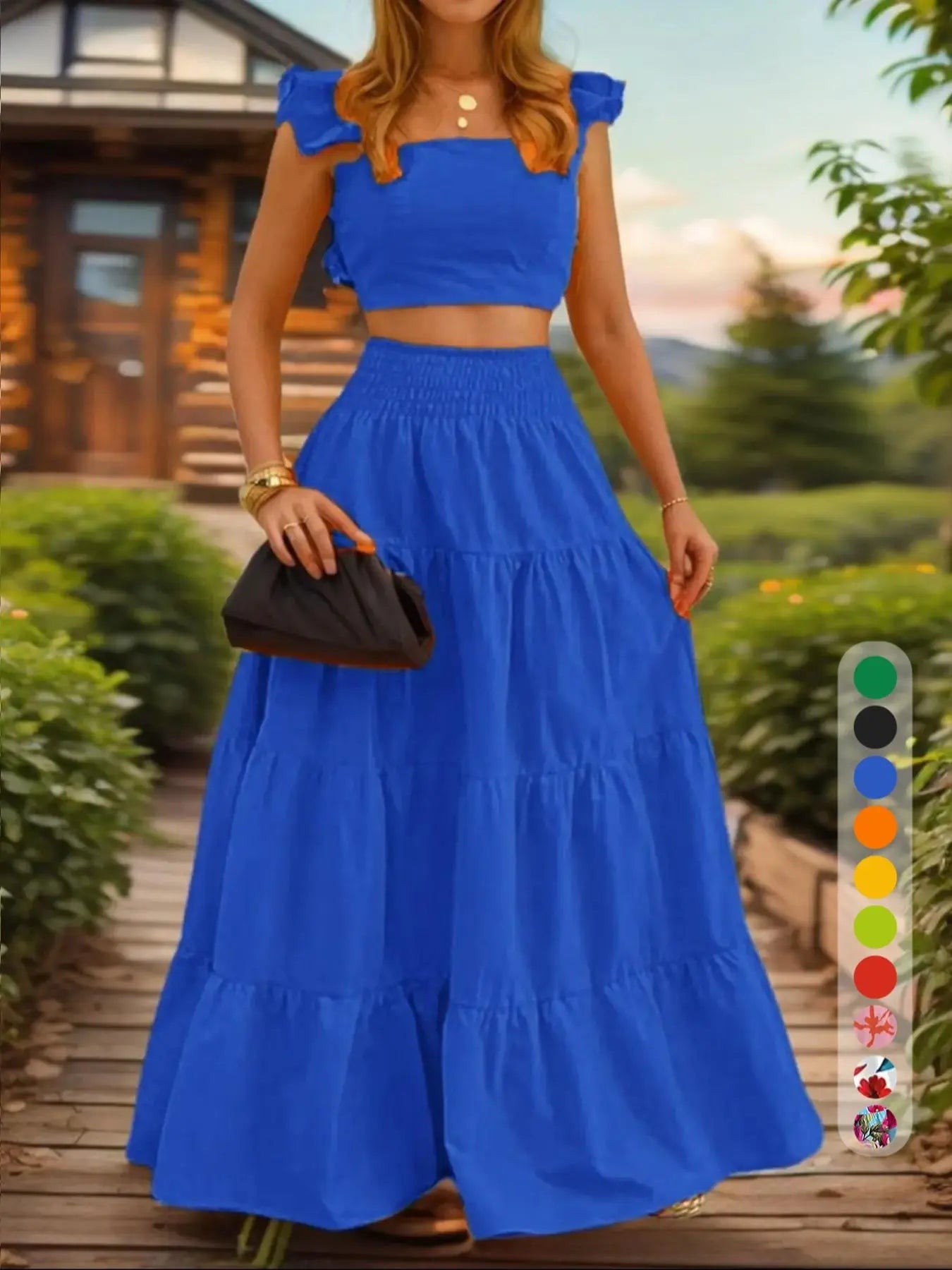Women's Solid Color / Floral Print Shirred Top & Long Skirt Two-piece Set, Boho Fashion Casual Top & Skirt for Daily Holiday Vacation Wear, Ladies for Summer
