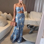 ChicMe Women's Tropical Floral Print Smocked Maxi Dress Ruched Bandeau Cutout Summer Vacation Dress Elegant Shirred Ruffle Hem Mermaid Beach Dress/Seaside Vacation Sleeveless Skirt