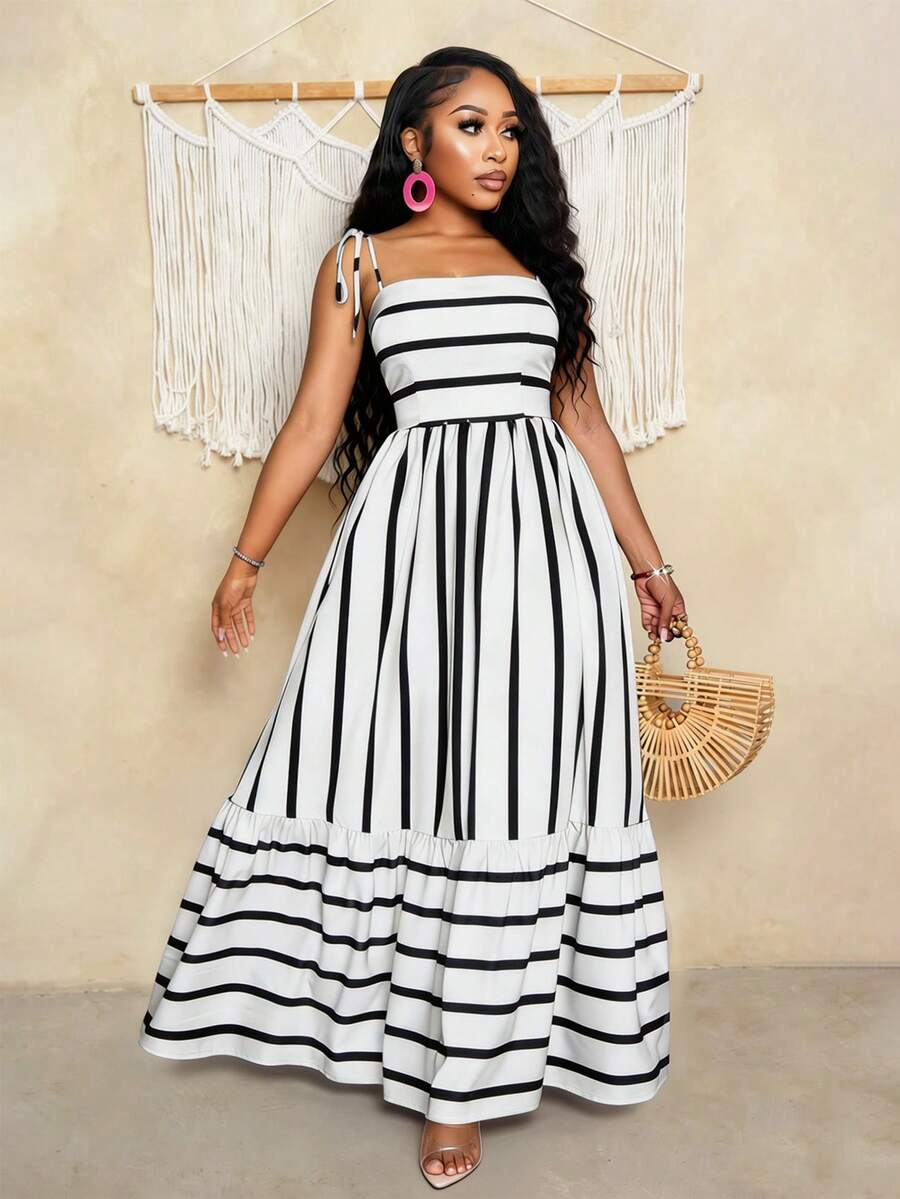 Women's Blue And White Stripe Flowing Maxi Dress,Summer Elegant Holiday Tea Party Holiday,Shoulder Straps Chest Gathering,Beach Casual Gown
