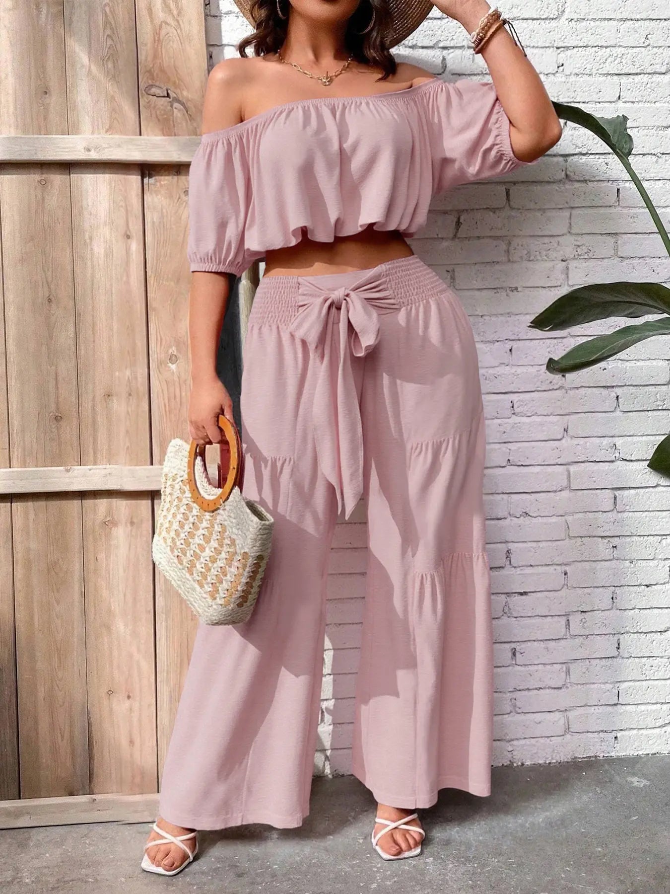 Summer Beach Vacation Bow Shoulderless Round Neck Shirt Wide Leg Pants Set, Casual Loose-Fitting, Women's Fashion, Womenswear
