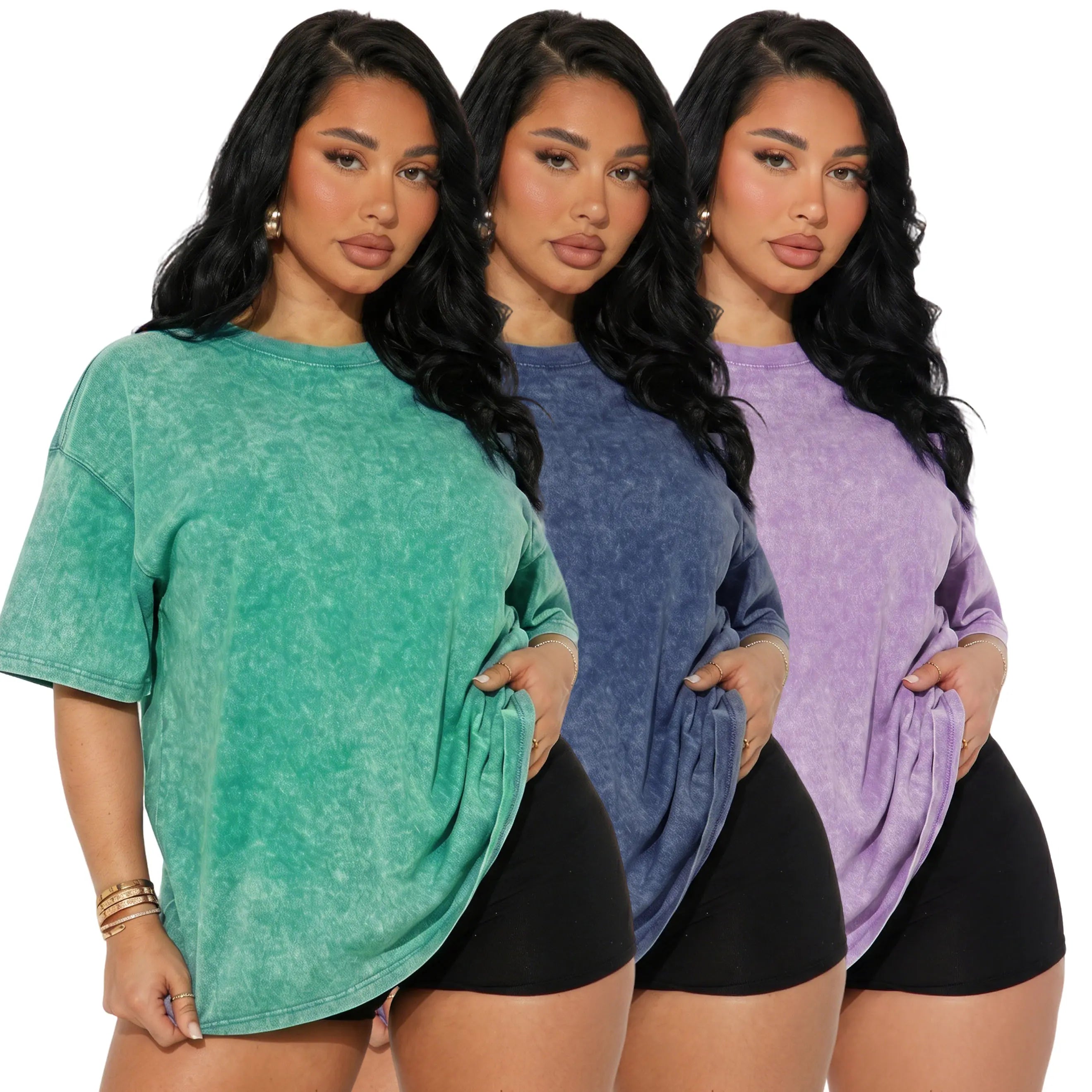 Women’s 3-pack American vintage distressed short-sleeve T-shirts, casual versatile crew neck minimalist solid color tops, suitable for home wear and everyday outings.
