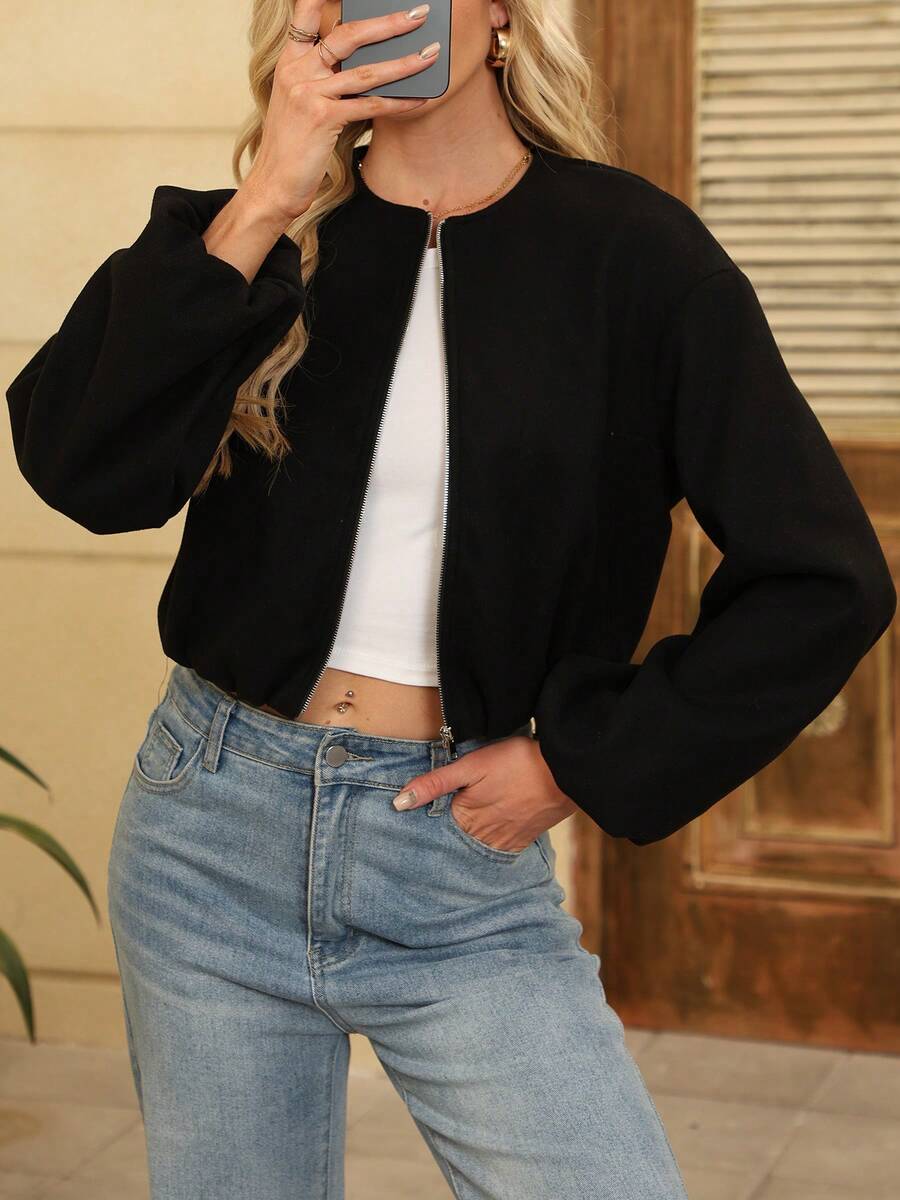 Women's Baseball Jacket Bomber Jacket Street Style Round Neck Drop Shoulder Lantern Sleeve Zip-Up Outerwear, Autumn/Winter Spring