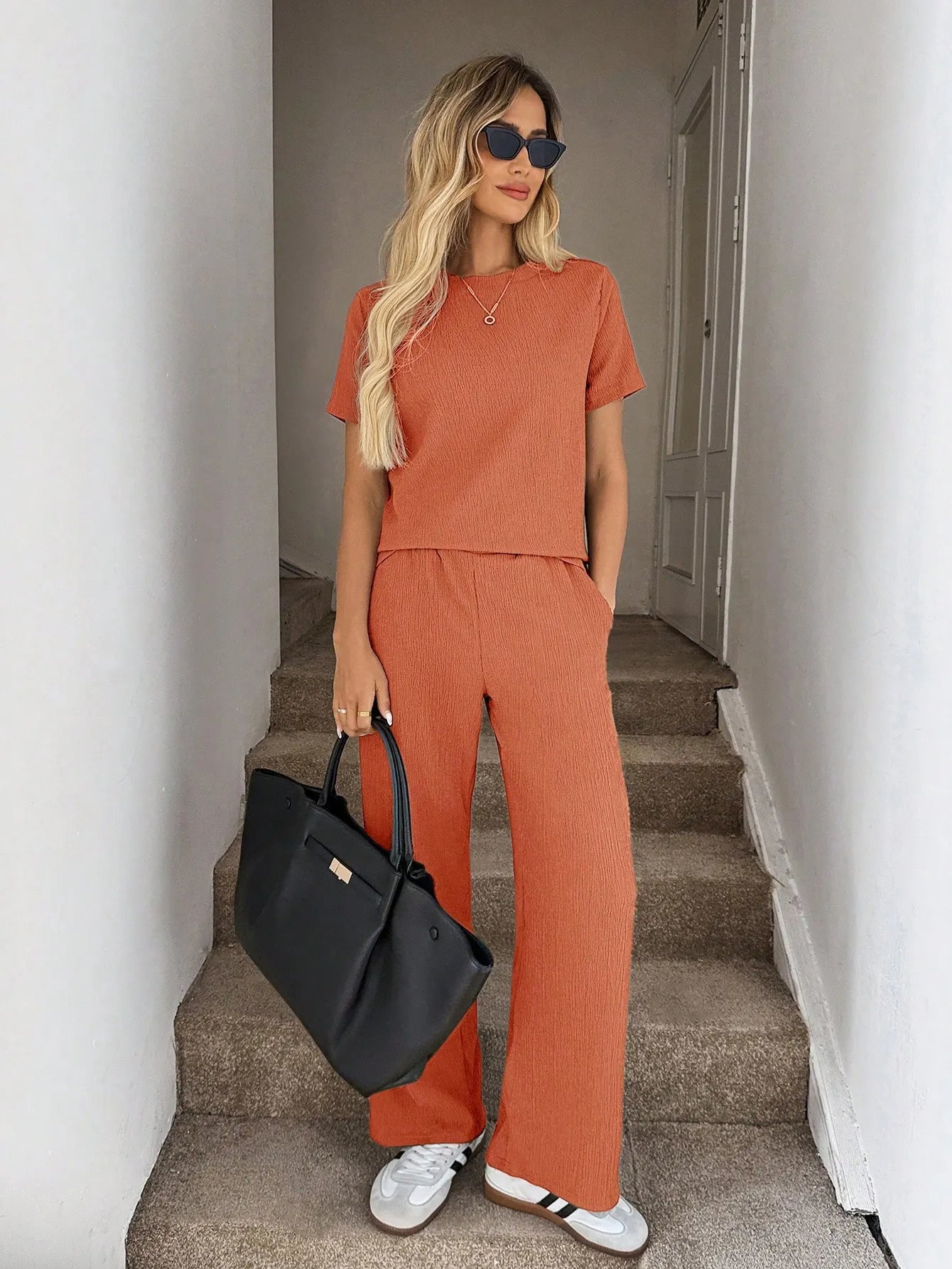 Solid Tee Wide Leg Pants,Casual Travel Coffee Brown Summer