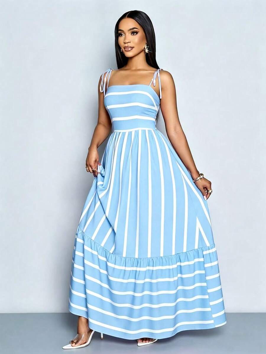 Women's Blue And White Stripe Flowing Maxi Dress,Summer Elegant Holiday Tea Party Holiday,Shoulder Straps Chest Gathering,Beach Casual Gown