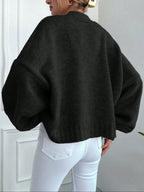 Women's V Neck Lantern Sleeve Sweater, Casual Baggy Loose-Fit Knitted Cardigan, Fall & Winter Fashion, Plain Color, One Button Design, Knitwear, Long Sleeve Tops