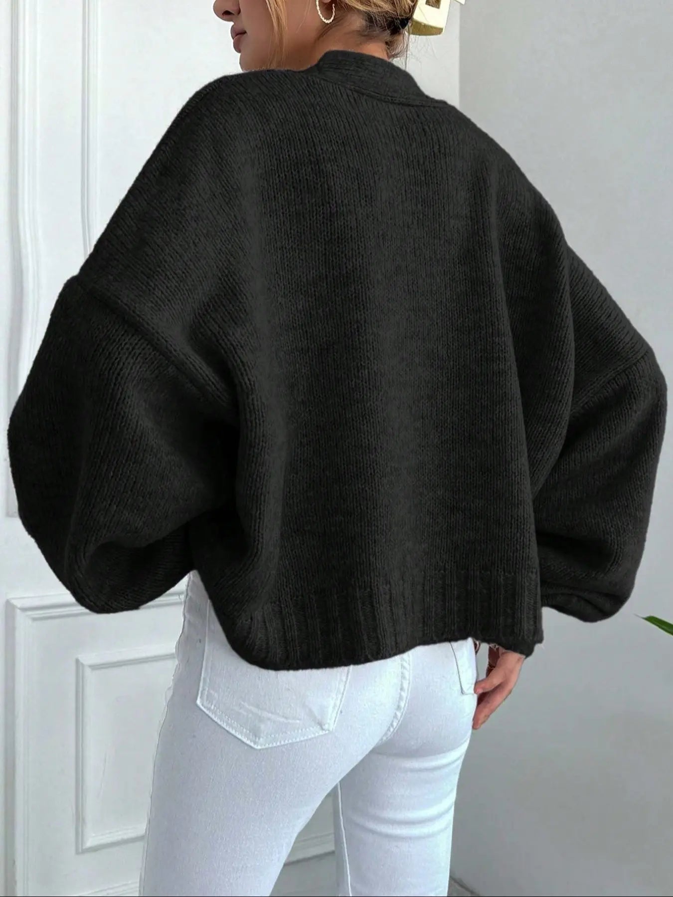 Women's V Neck Lantern Sleeve Sweater, Casual Baggy Loose-Fit Knitted Cardigan, Fall & Winter Fashion, Plain Color, One Button Design, Knitwear, Long Sleeve Tops