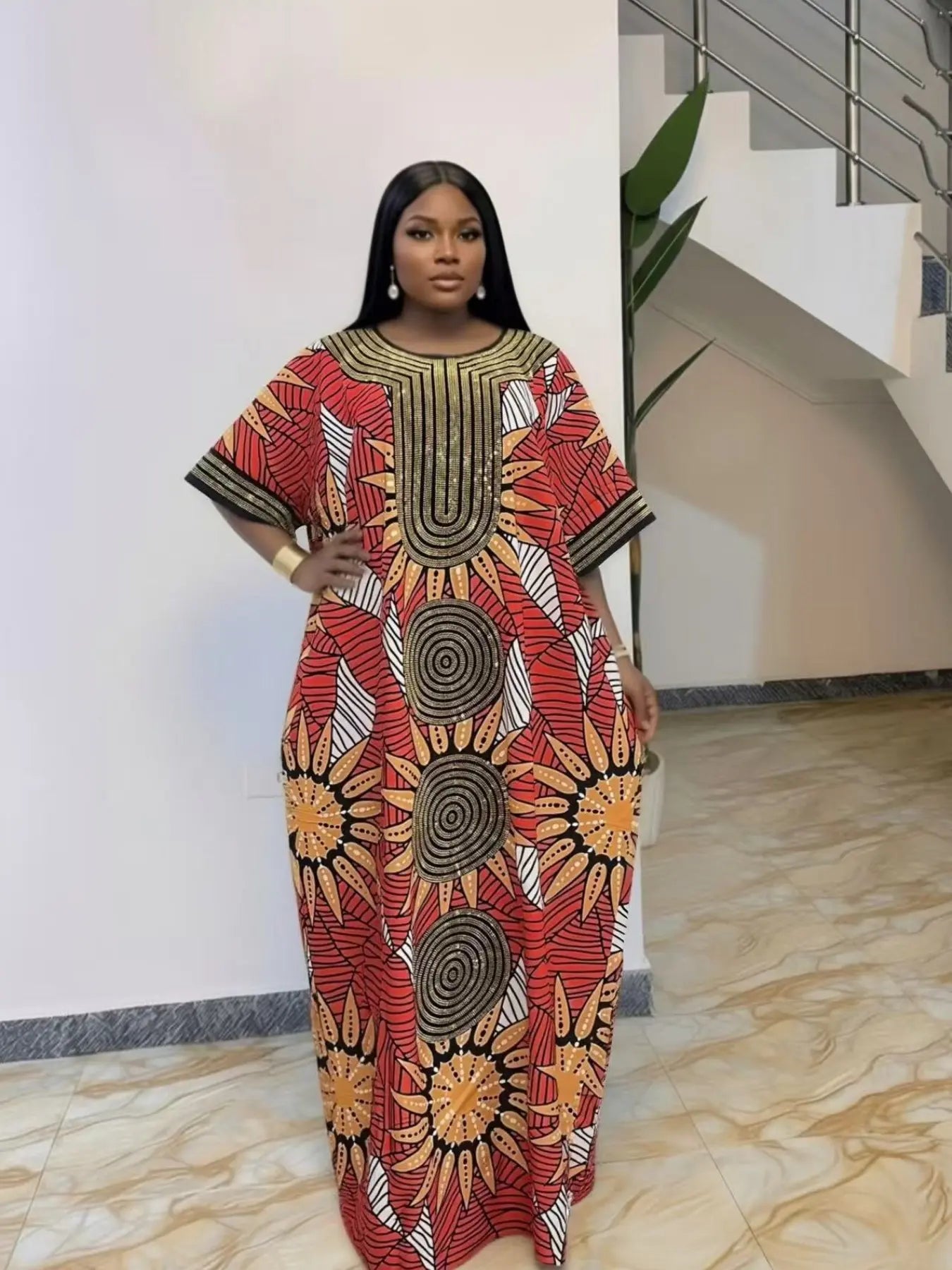 New high-end party rhinestone loose large-size casual traditional ethnic boubou kaftan women's dress Style, elegant and classy, plus-size party, holiday, daily wear, women's beach vacation summer dress with scarf and pockets 2026 Print