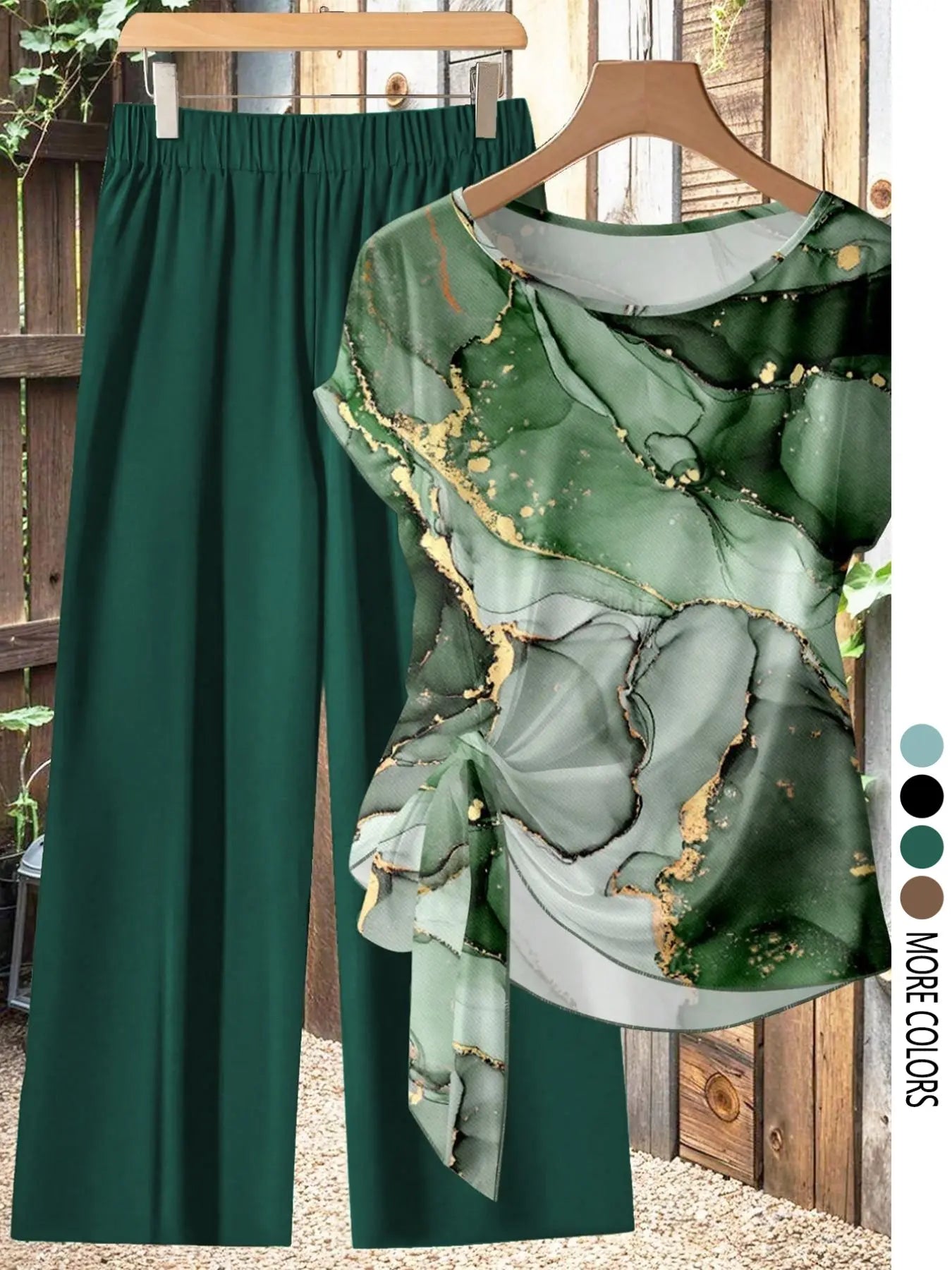 Women's Casual Printed Necktie Shirt and Loose Straight Pants Set, Perfect for Spring and Summer, Comfortable Two-Piece