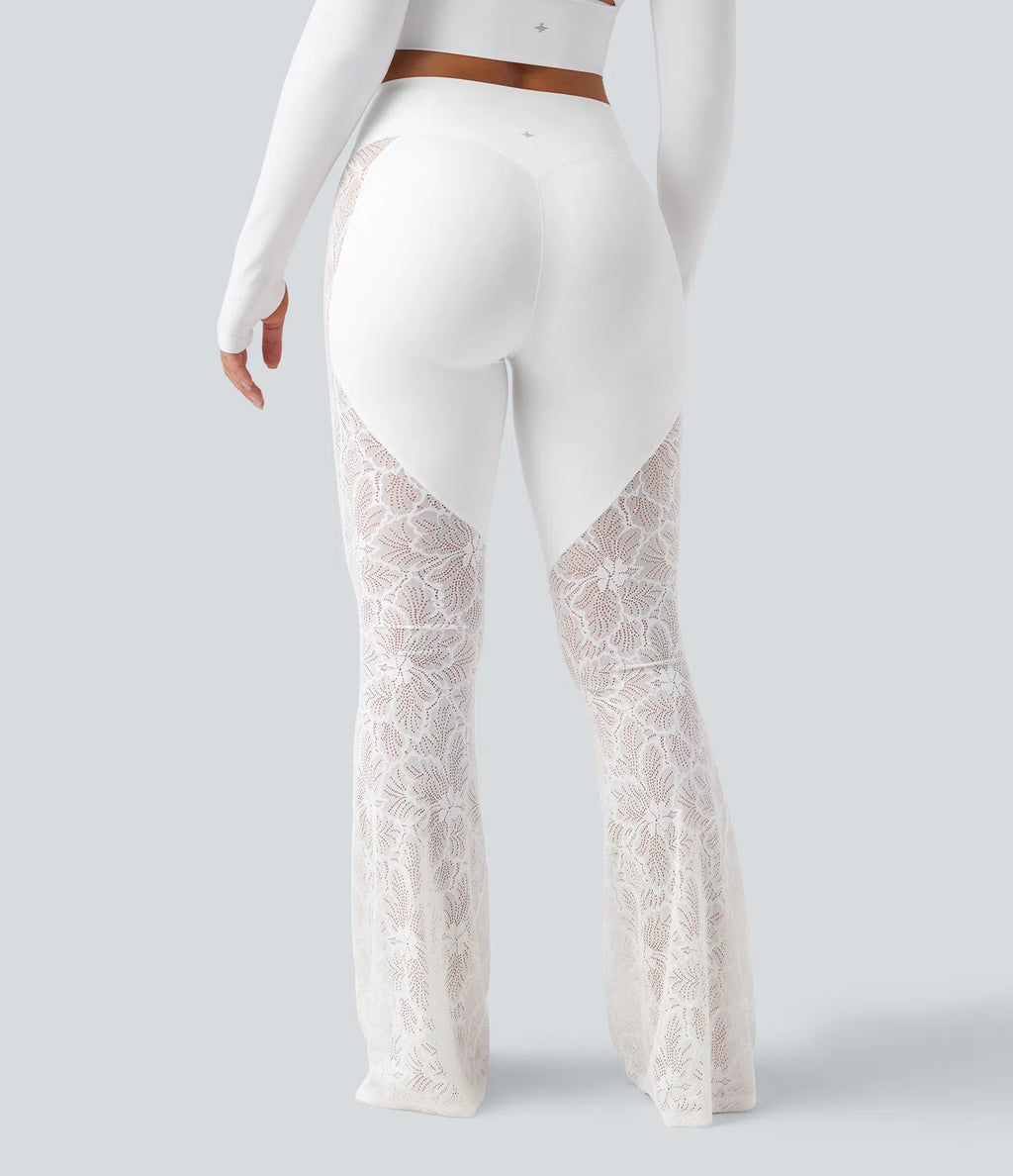 UltraSculptTM High Waisted Tummy Control Contrast Lace Yoga Flare Leggings with Pocket