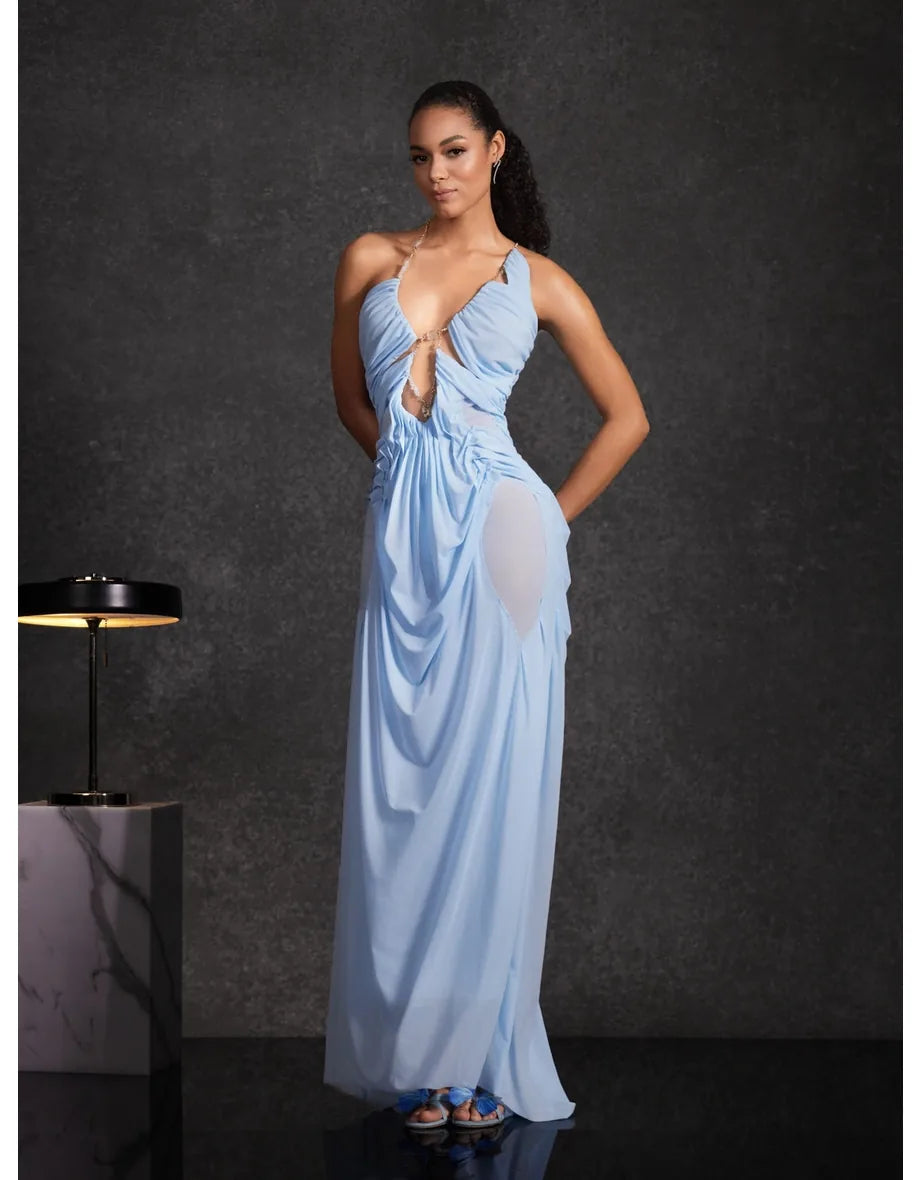 Daiki Halterneck Ruched Maxi Dress In Champagne