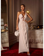 Daiki Halterneck Ruched Maxi Dress In Champagne