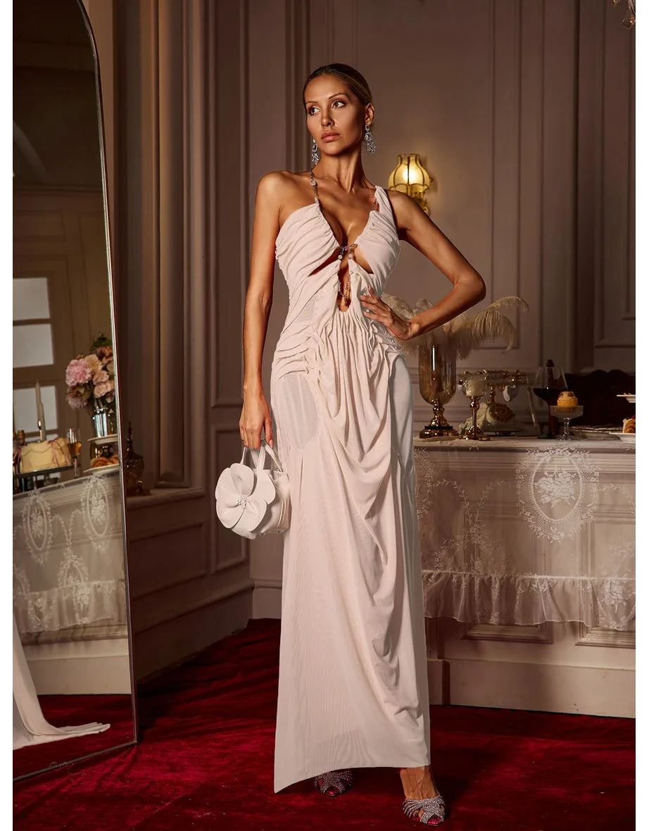 Daiki Halterneck Ruched Maxi Dress In Champagne